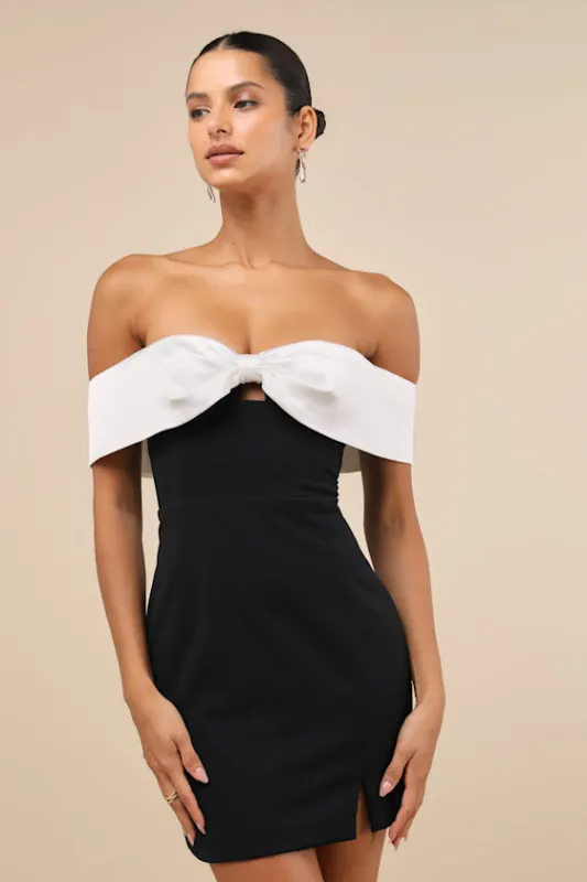 Extravagant Moment Black and White Off-the-Shoulder Mini Dress sold by Lulus