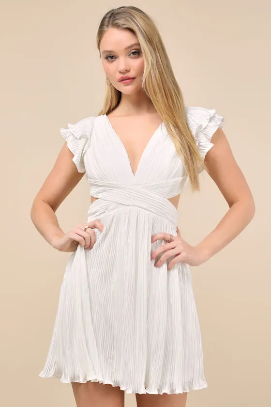Captivating Delight White Plisse Satin Lace-Up Mini Dress sold by Lulus