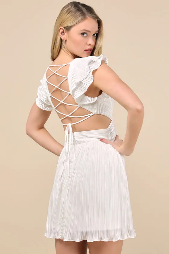 Captivating Delight White Plisse Satin Lace-Up Mini Dress sold by Lulus product image thumbnail 2