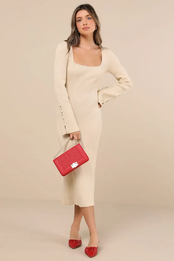 Classy Attitude Beige Ribbed Square Neck Midi Sweater Dress sold by Lulus