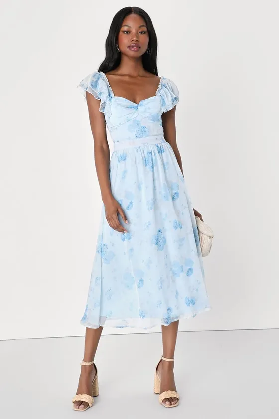 Loveliest Darling Light Blue Floral Ruffled Tie-Back Midi Dress sold by Lulus