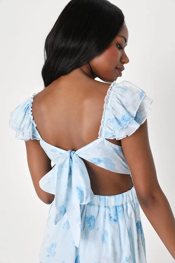 Loveliest Darling Light Blue Floral Ruffled Tie-Back Midi Dress sold by Lulus product image thumbnail 2