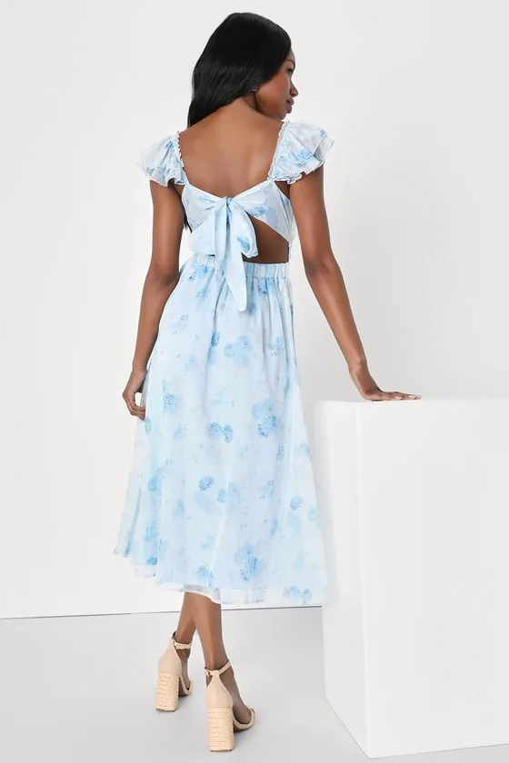 Loveliest Darling Light Blue Floral Ruffled Tie-Back Midi Dress sold by Lulus product image thumbnail 4