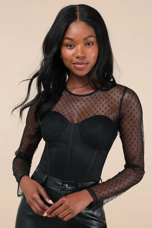 Luxe Agenda Black Sheer Mesh Polka Dot Pleated Bustier Bodysuit sold by Lulus