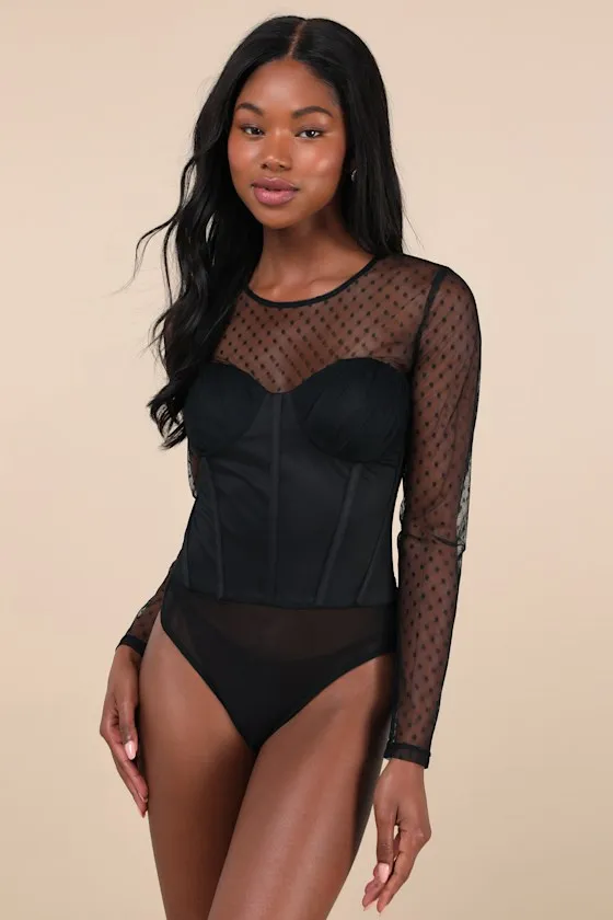 Luxe Agenda Black Sheer Mesh Polka Dot Pleated Bustier Bodysuit sold by Lulus product image thumbnail 4