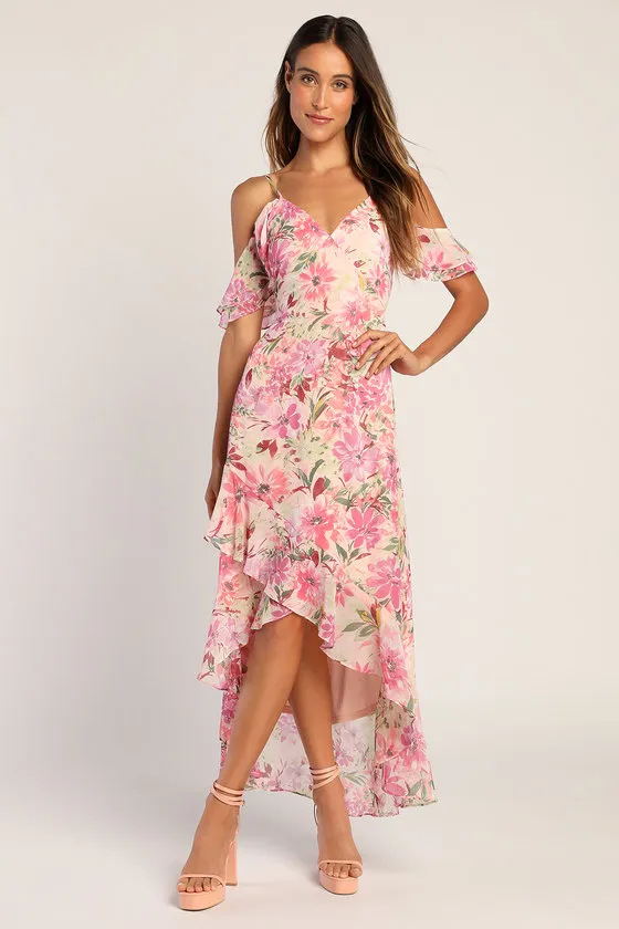 Watch Me Grow Pink Floral Print Cold-Shoulder High-Low Dress sold by Lulus