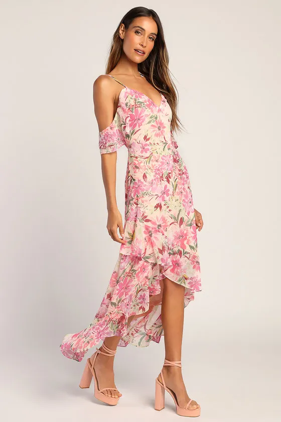 Watch Me Grow Pink Floral Print Cold-Shoulder High-Low Dress sold by Lulus product image thumbnail 3
