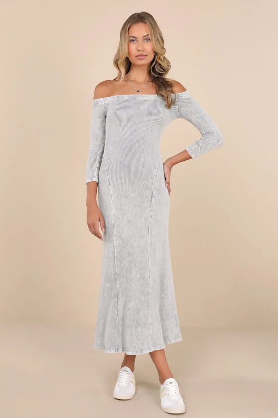 Remarkably Cool Washed Grey Ribbed Off-the-Shoulder Midi Dress sold by Lulus