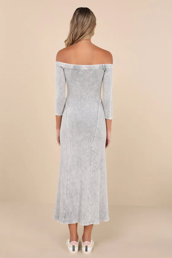 Remarkably Cool Washed Grey Ribbed Off-the-Shoulder Midi Dress sold by Lulus product image thumbnail 3