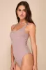 Flattering Essence Taupe Ribbed Knit Bustier-Seamed Bodysuit sold by Lulus