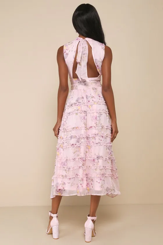 Happily Sweet Light Pink Floral Mock Neck Backless Midi Dress sold by Lulus product image thumbnail 2