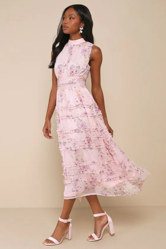 Happily Sweet Light Pink Floral Mock Neck Backless Midi Dress sold by Lulus product image thumbnail 4
