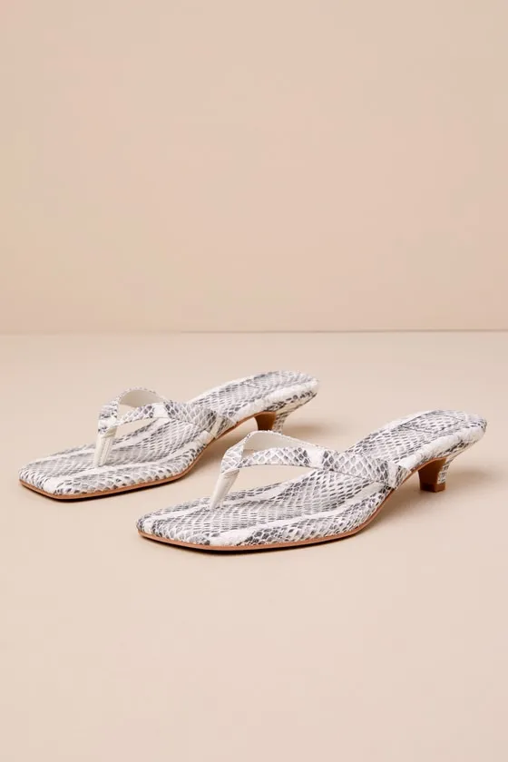 Tasiah Grey and White Snake-Embossed Leather Thong Sandals sold by Lulus