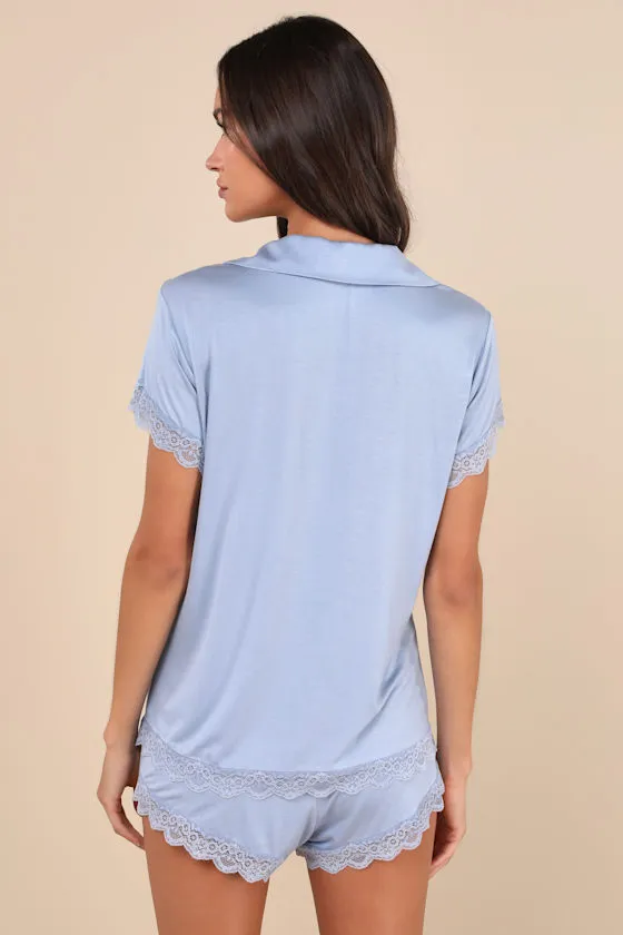 Snuggly Love Blue Short Sleeve Lace Two-Piece Pajama Set sold by Lulus product image thumbnail 3