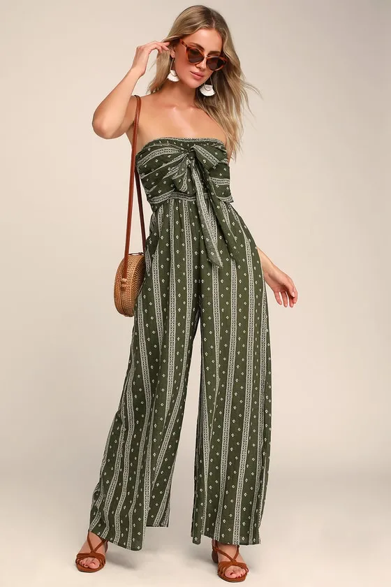 Raine Olive Green Print Strapless Jumpsuit sold by Lulus