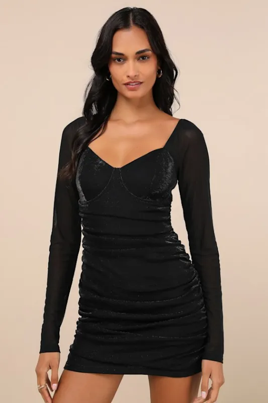 Tempting Sparkle Shiny Black Mesh Ruched Long Sleeve Mini Dress sold by Lulus