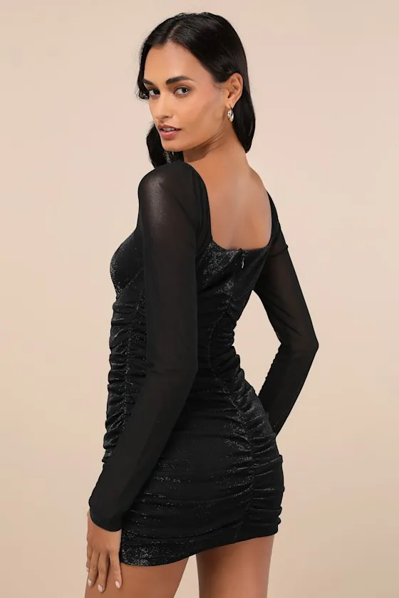 Tempting Sparkle Shiny Black Mesh Ruched Long Sleeve Mini Dress sold by Lulus product image thumbnail 2