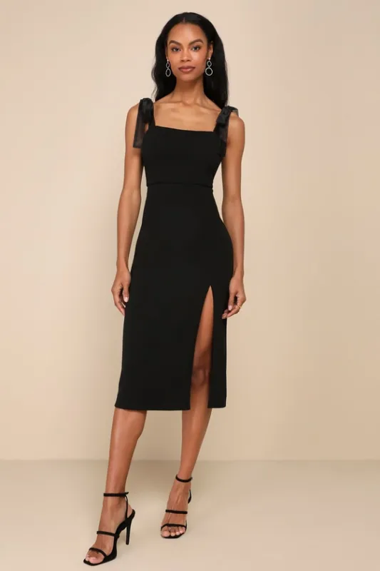 Romantic Celebration Black Tie-Strap Bodycon Midi Dress sold by Lulus