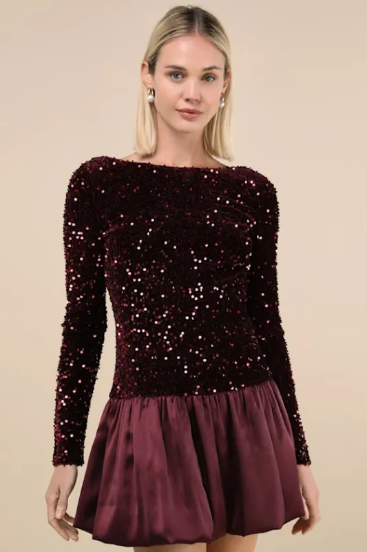 Event Aura Burgundy Sequin Long Sleeve Mini Dress sold by Lulus
