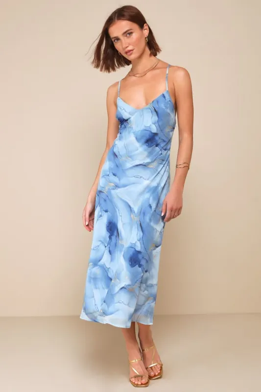 Bright Charm Blue Abstract Print Chiffon Slip Midi Dress sold by Lulus