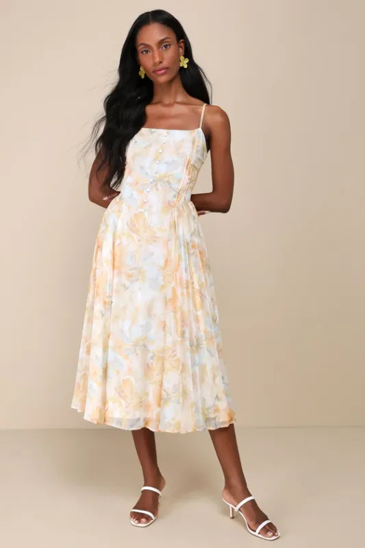 Exceedingly Admirable Yellow Multi Floral Pleated Midi Dress sold by Lulus