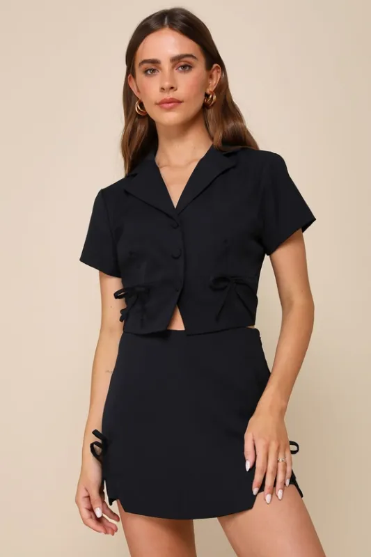 Confident Perfection Navy Blue Twill High-Waisted Bow Skort sold by Lulus