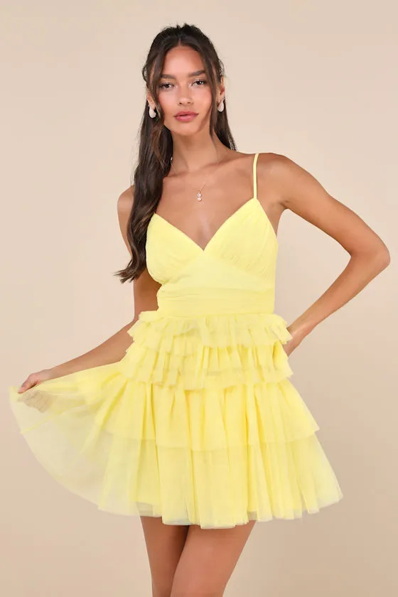 Special Poise Yellow Tulle Pleated Sleeveless Tiered Mini Dress sold by Lulus