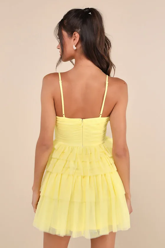 Special Poise Yellow Tulle Pleated Sleeveless Tiered Mini Dress sold by Lulus product image thumbnail 3