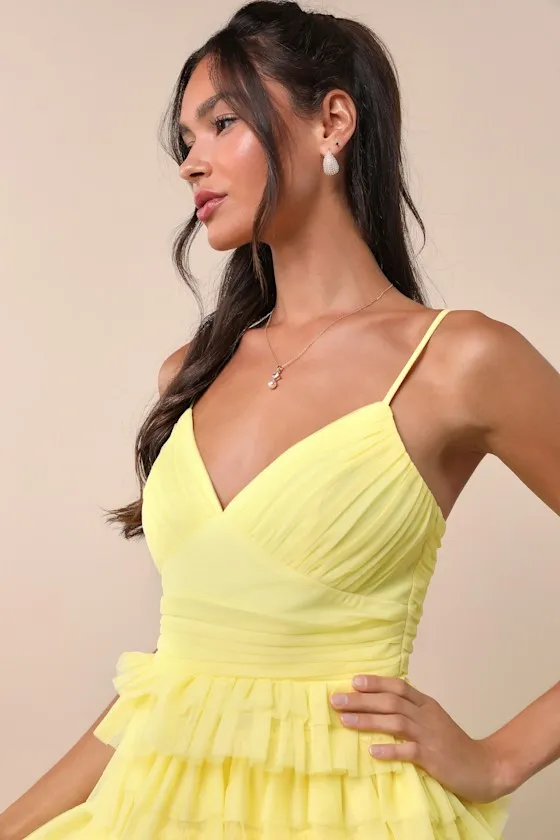 Special Poise Yellow Tulle Pleated Sleeveless Tiered Mini Dress sold by Lulus product image thumbnail 4