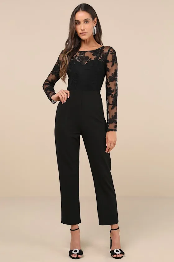 Write Your Own Romance Black Embroidered Long Sleeve Jumpsuit sold by Lulus
