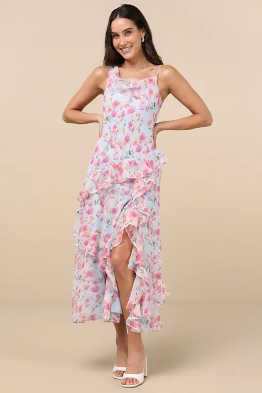 Levina Light Blue Floral Asymmetric Ruffled Midi Dress sold by Lulus