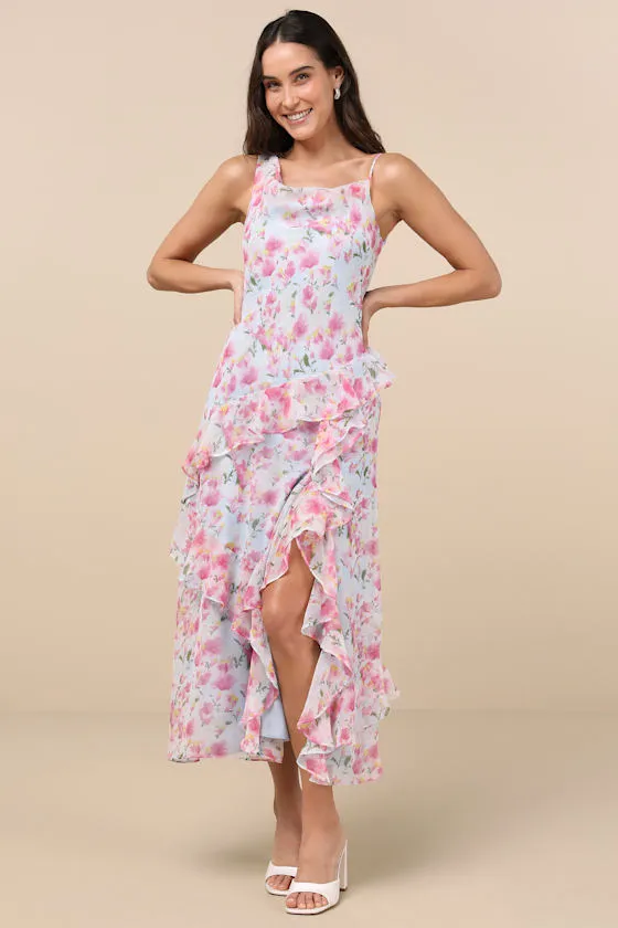 Levina Light Blue Floral Asymmetric Ruffled Midi Dress sold by Lulus