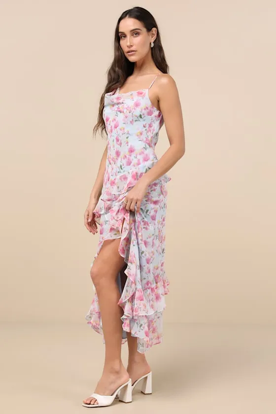 Levina Light Blue Floral Asymmetric Ruffled Midi Dress sold by Lulus product image thumbnail 3