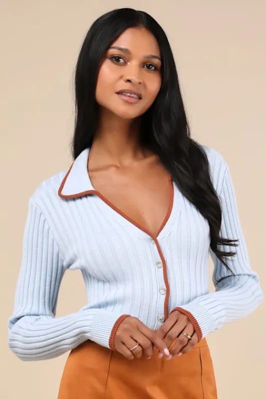 Curated Season Blue Collared Sweater Top sold by Lulus