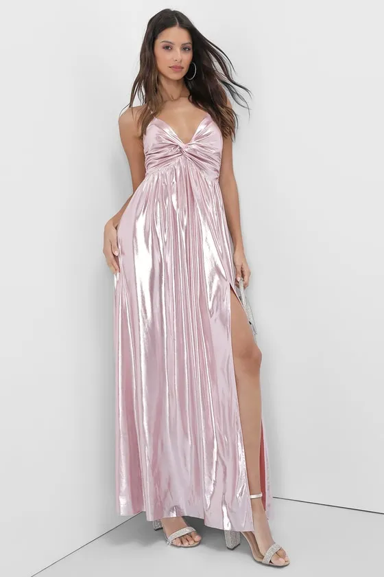 Fabulous Finesse Light Pink Metallic Twist-Front Maxi Dress sold by Lulus