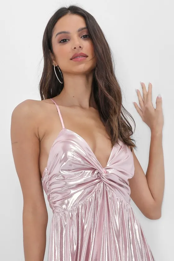 Fabulous Finesse Light Pink Metallic Twist-Front Maxi Dress sold by Lulus product image thumbnail 2