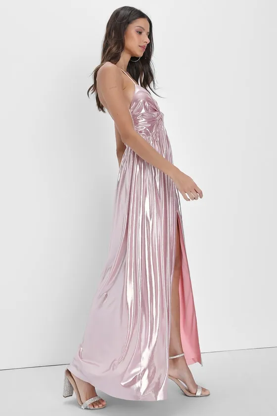 Fabulous Finesse Light Pink Metallic Twist-Front Maxi Dress sold by Lulus product image thumbnail 3