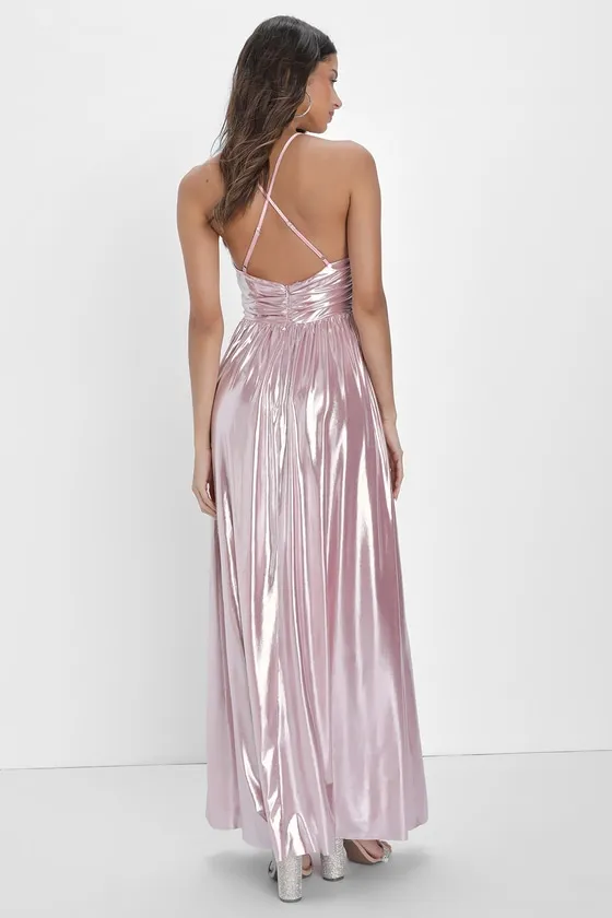 Fabulous Finesse Light Pink Metallic Twist-Front Maxi Dress sold by Lulus product image thumbnail 4