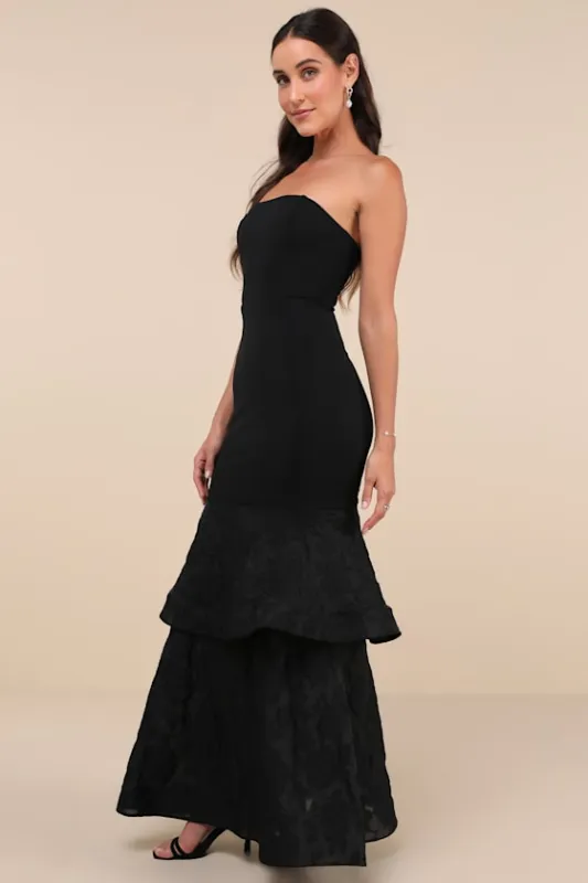Immense Drama Black Strapless Tiered Jacquard Maxi Dress sold by Lulus