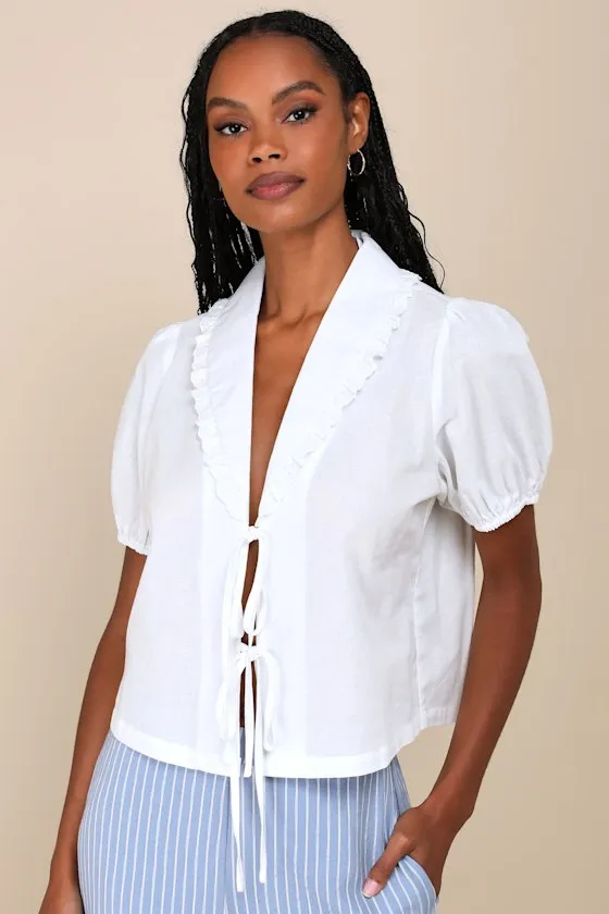 Cutest Existence Ivory Collared Tie-Front Short Sleeve Top sold by Lulus