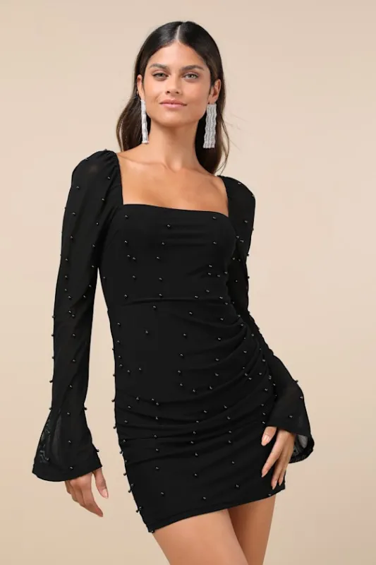 Flirty Luxury Black Mesh Pearl Long Sleeve Mini Dress made by Lulus
