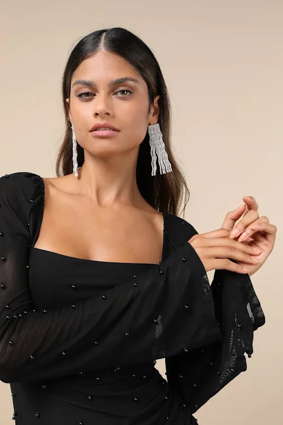 Flirty Luxury Black Mesh Pearl Long Sleeve Mini Dress sold by Lulus product image thumbnail 2