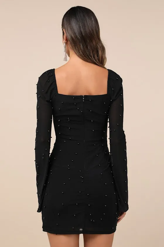 Flirty Luxury Black Mesh Pearl Long Sleeve Mini Dress sold by Lulus product image thumbnail 4