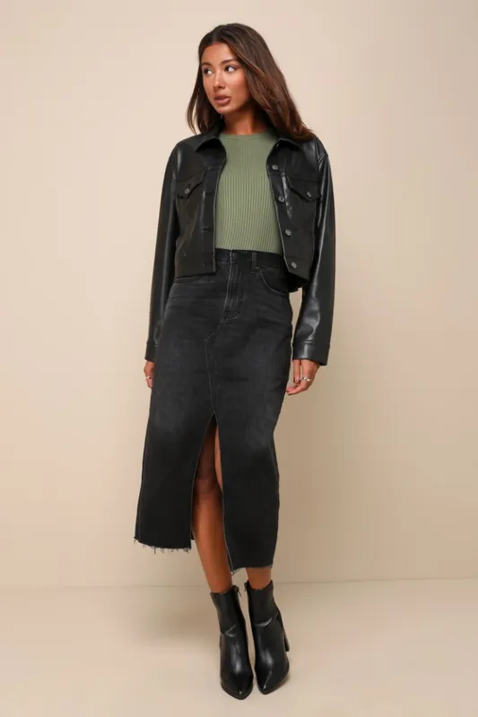 Trendsetting Topic Black Denim High Rise Raw Hem Midi Skirt sold by Lulus
