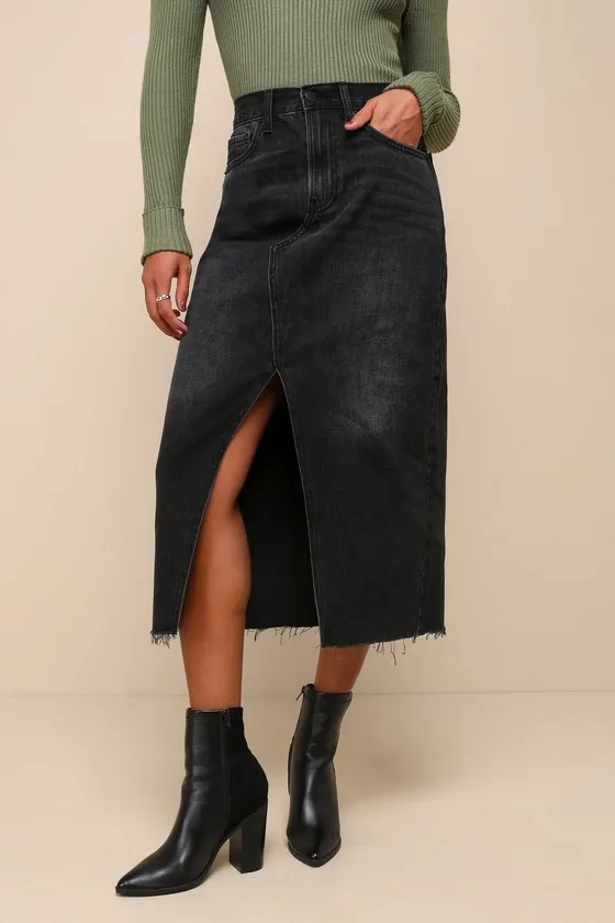 Trendsetting Topic Black Denim High Rise Raw Hem Midi Skirt sold by Lulus product image thumbnail 2
