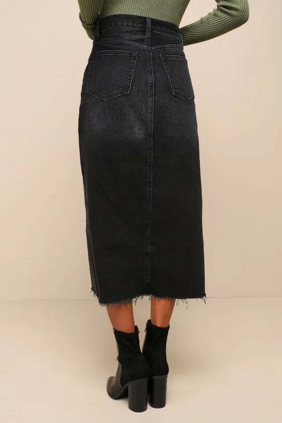 Trendsetting Topic Black Denim High Rise Raw Hem Midi Skirt sold by Lulus product image thumbnail 3