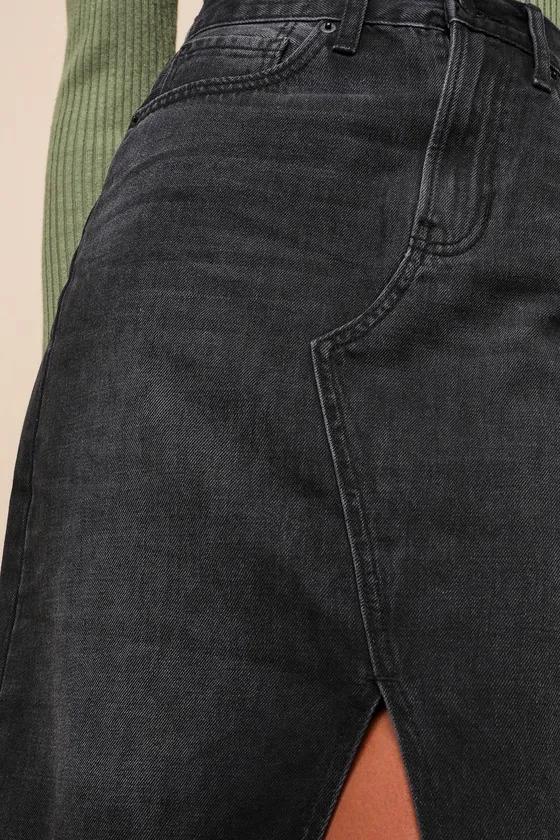 Trendsetting Topic Black Denim High Rise Raw Hem Midi Skirt sold by Lulus product image thumbnail 4