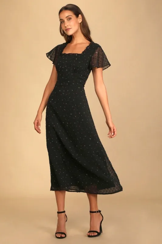 So Kiss Me Black Floral Print Swiss Dot Maxi Dress sold by Lulus