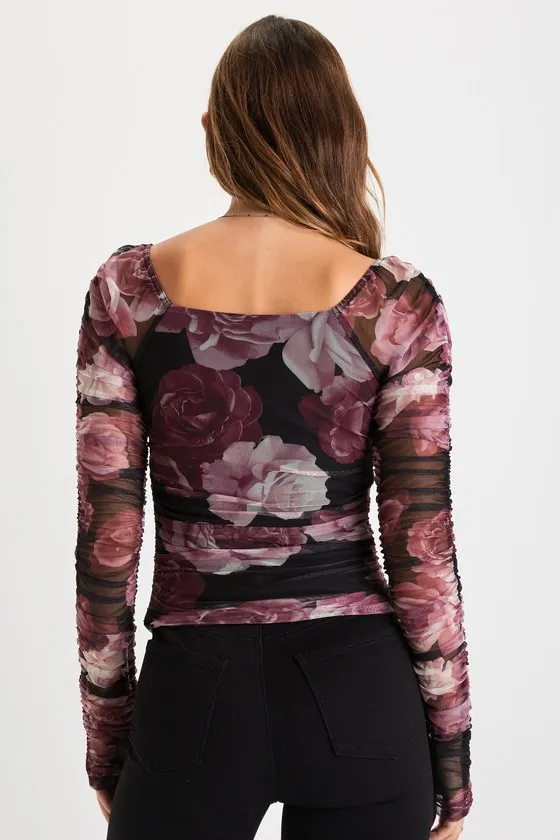 Flowering Aesthetic Black Floral Mesh Ruched Square Neck Top sold by Lulus product image thumbnail 3