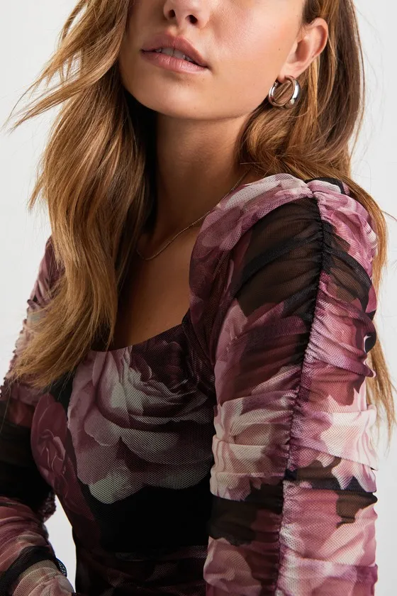 Flowering Aesthetic Black Floral Mesh Ruched Square Neck Top sold by Lulus product image thumbnail 4